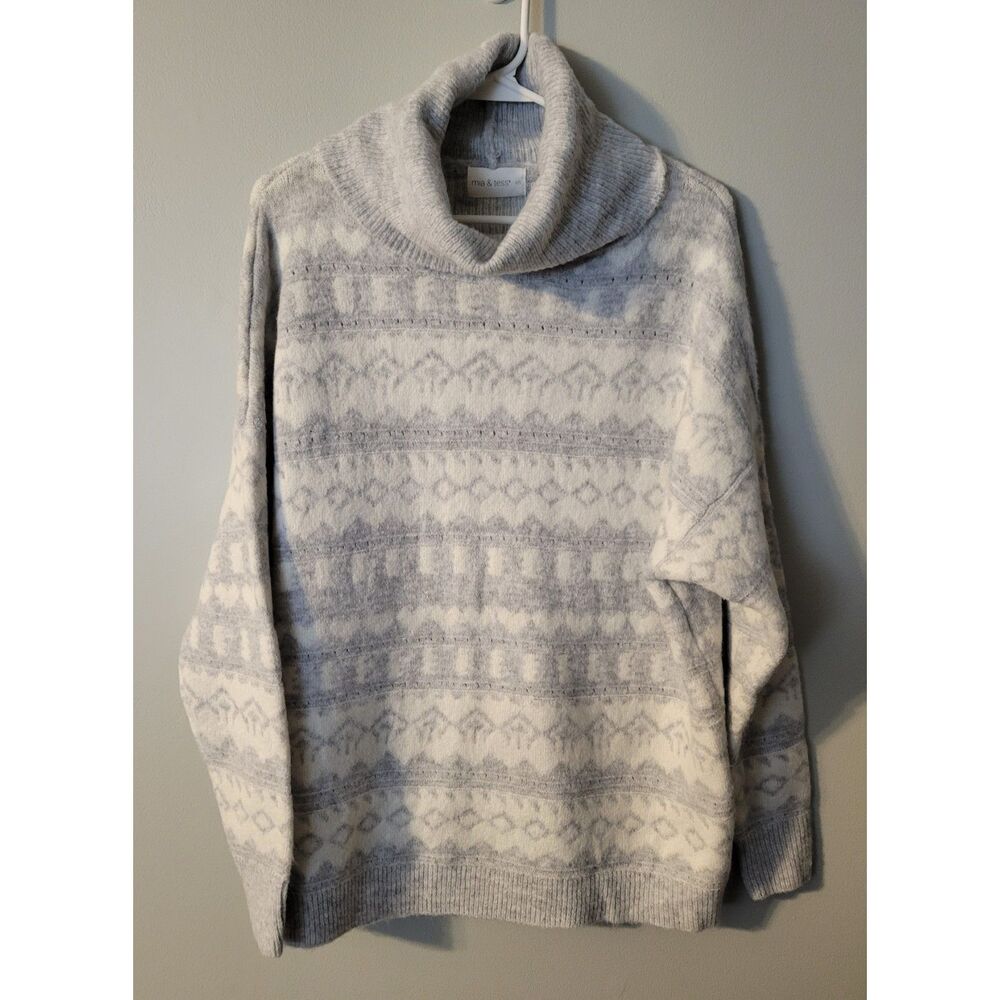 Mia + Tess Women's Turtleneck Cowl Gray/White Long Sleeve Sweater S